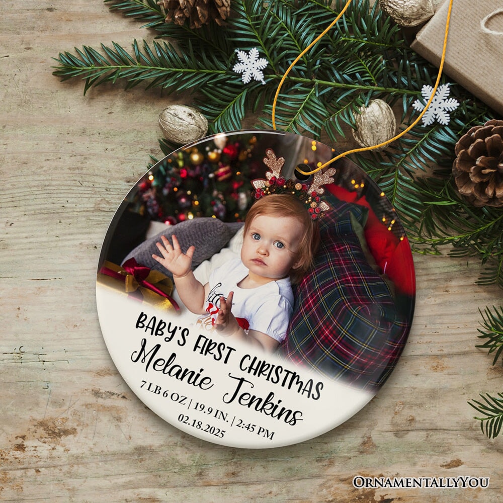 Custom Photo Baby’s First Christmas Tree Ornament, Newborn Size and Weight Ceramic Ornament OrnamentallyYou