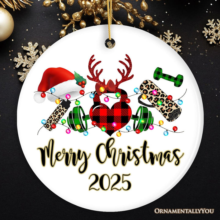 Personalized Gym Buffalo Plaid Leopard Merry Christmas Ornament, Personal Trainer Gift Ceramic Ornament OrnamentallyYou Circle