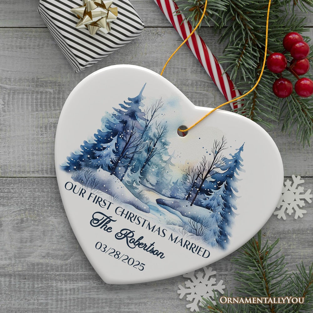 Winter Wonderland Forest Personalize Ornament, First Christmas Married Couple Gift Ceramic Ornament OrnamentallyYou Heart