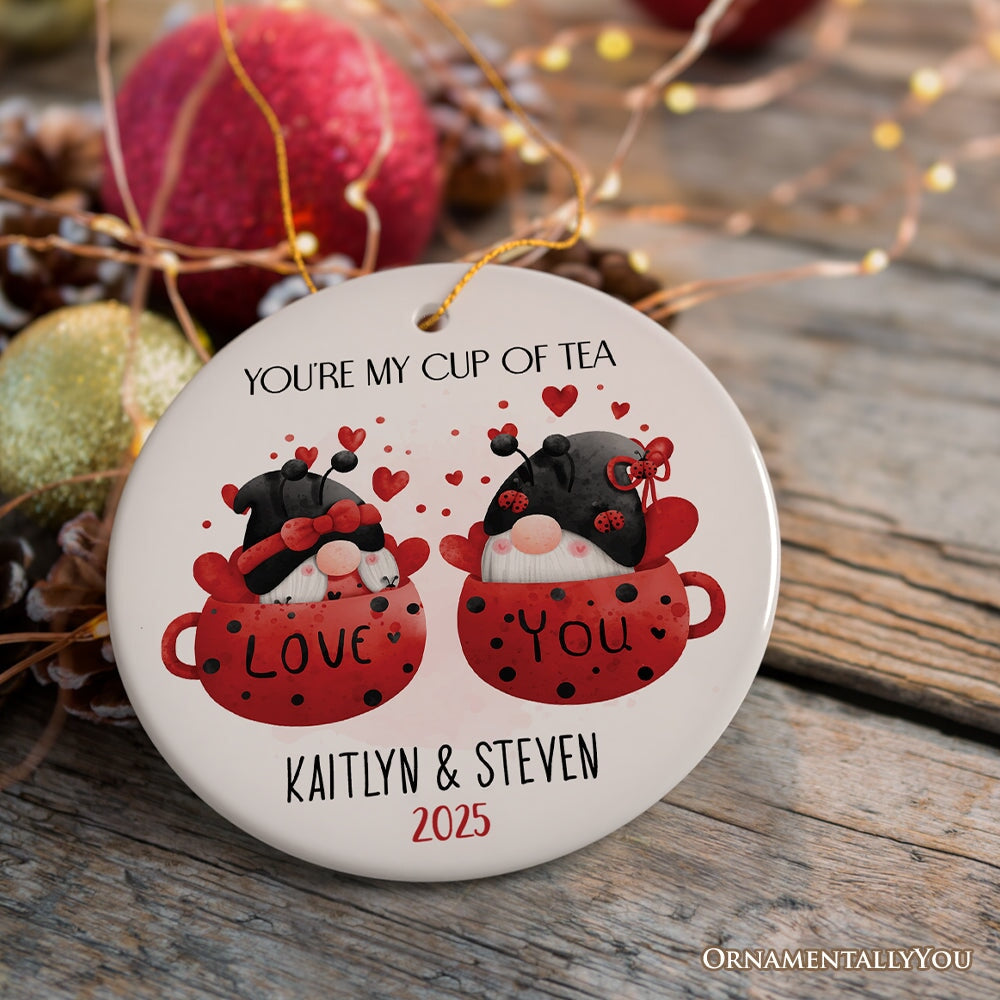 Valentine Gnome Personalized Ornament, You're my Cup of Tea, Custom Name Gift Ceramic Ornament OrnamentallyYou