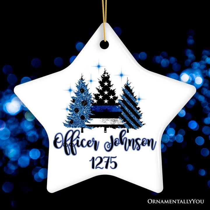Personalized Police Officer Back The Blue Merry Christmas Trees Ornament, Retirement Gift Ceramic Ornament OrnamentallyYou Star