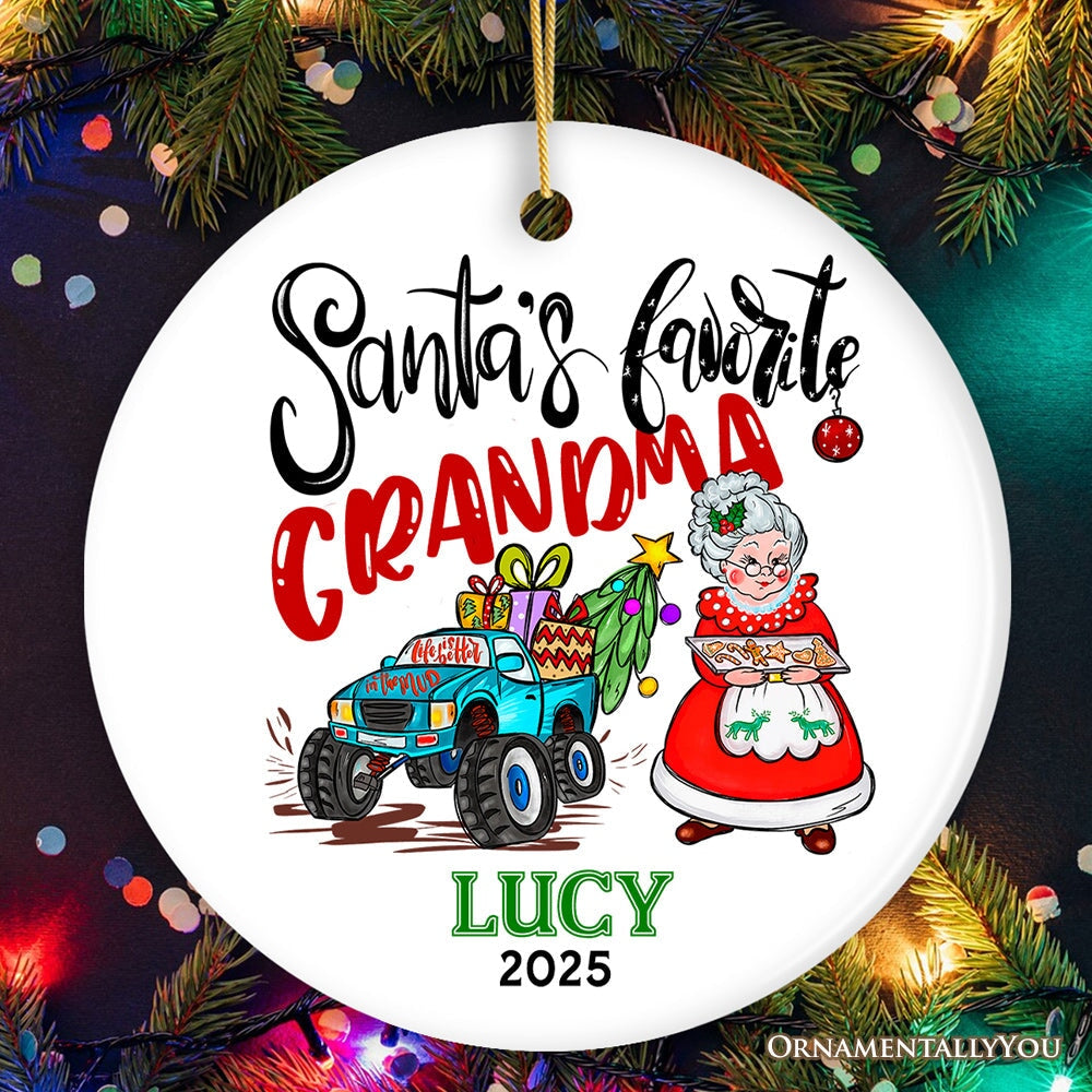 Fun & Whimsical Santa’s Favorite Grandma Personalized Christmas Keepsake Ornament, Grandmother Appreciation Gift Ceramic Ornament OrnamentallyYou Circle