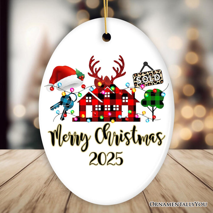 Personalized Realtor Buffalo Plaid Leopard Merry Christmas Ornament, Gift From Customers Ceramic Ornament OrnamentallyYou Oval