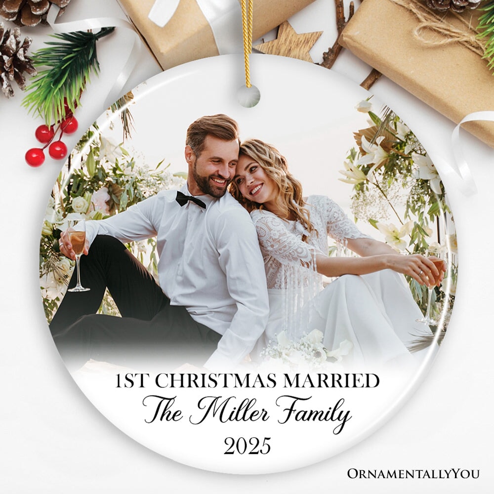 Personalized Engagement Photo Ornament, First Christmas Married, Marriage Ceremony Gift Ceramic Ornament OrnamentallyYou