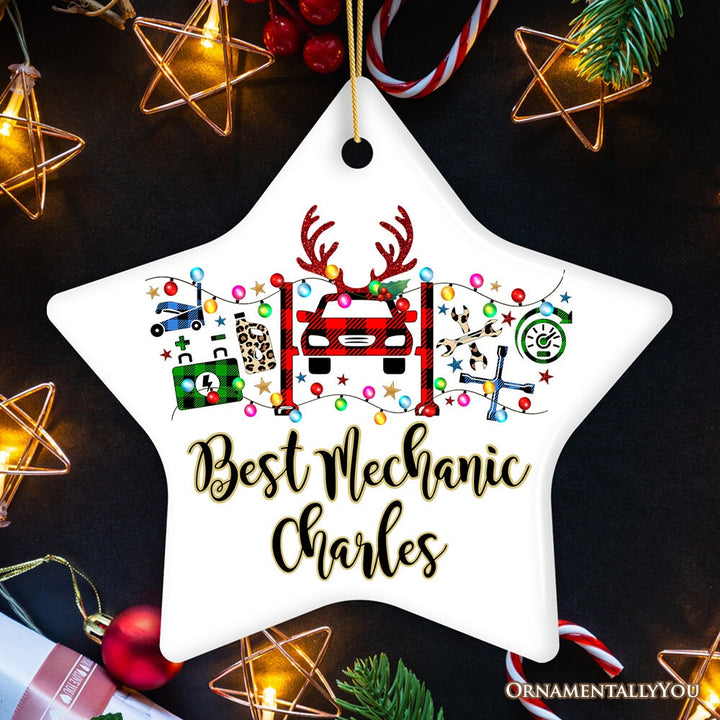 Personalized Automotive Technician Plaid Christmas Ornament, Mechanic Repair and Parts Gift for Shop Ceramic Ornament OrnamentallyYou Star