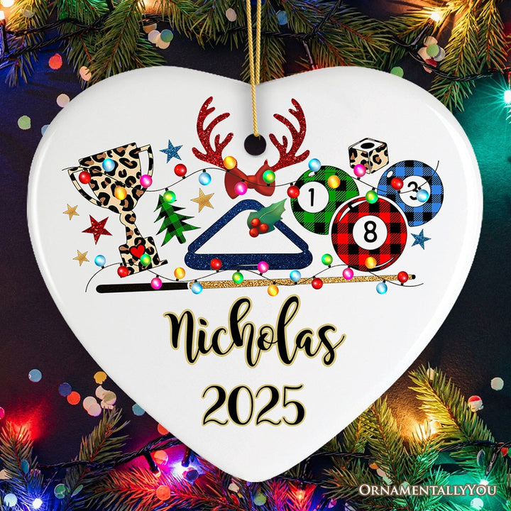 Personalized Billiards Buffalo Plaid Christmas Ornament, Pool Balls Snooker Gift Ceramic Ornament OrnamentallyYou Heart
