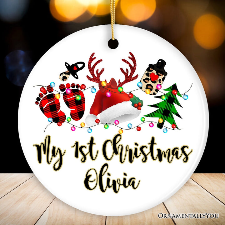 Personalized Baby Christmas Buffalo Plaid Leopard Ornament Gift Ceramic Ornament OrnamentallyYou Circle