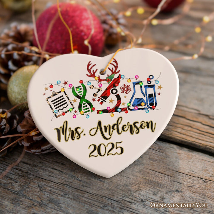 Personalized Science Plaid Christmas Ornament, Gift for Scientist or Researcher, Lab Tools like Flasks and Microscope Ceramic Ornament OrnamentallyYou Heart