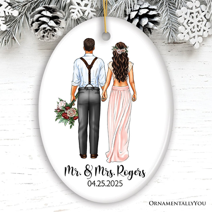 Boho Wedding Customized Ornament Featuring Bride and Groom’s New Last Name and Date Ceramic Ornament OrnamentallyYou Oval
