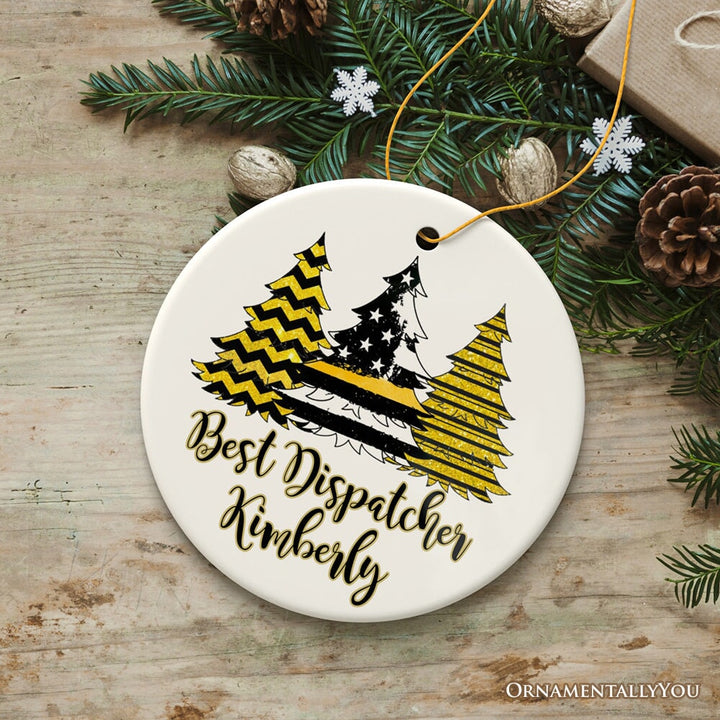 Dispatcher Flag Tree Personalized Ornament, Yellow Line 911 Appreciation Retirement Gift Ceramic Ornament OrnamentallyYou Circle
