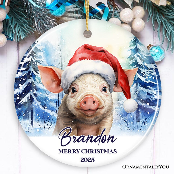 Pig with Santa Hat Personalized Ornament, Winter Forest Christmas Gift With Custom Name and Date Ceramic Ornament OrnamentallyYou Circle