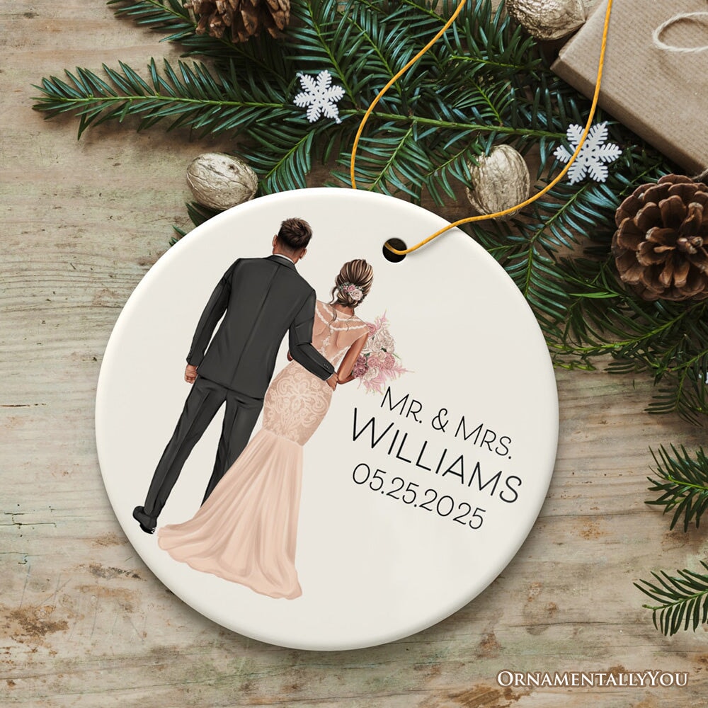 Elegant Wedding Bride and Groom Personalized Ornament, Marriage Ceremony Customized Gift Ceramic Ornament OrnamentallyYou