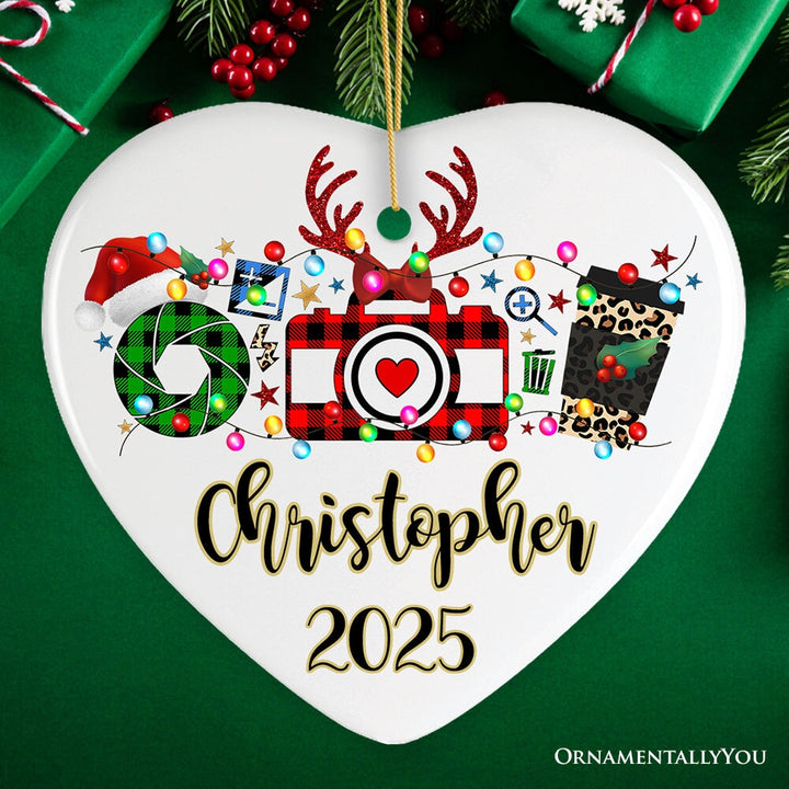 Personalized Photographer Buffalo Plaid Christmas Ornament, Photography Accessories like Camera, Holiday Gift Ceramic Ornament OrnamentallyYou Heart