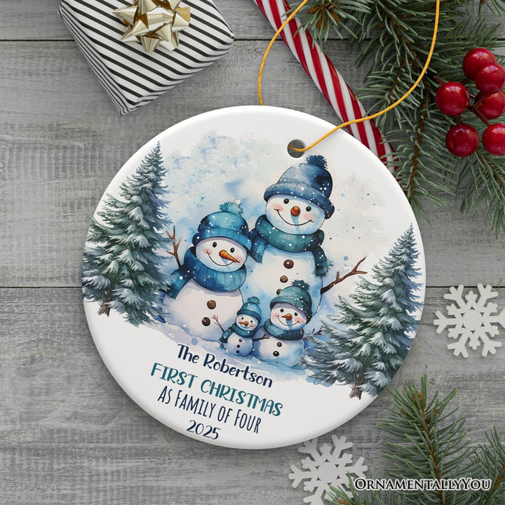 First Christmas Family of Four Personalized Ornament, Cute Artistic Snowmen Christmas Gift With Custom Names and Date Ceramic Ornament OrnamentallyYou