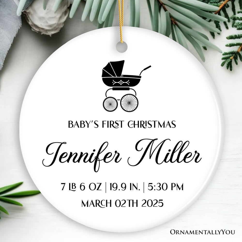 Fully Detailed Baby’s First Christmas Personalized Ornament with Weight and Birth Year Ceramic Ornament OrnamentallyYou Circle