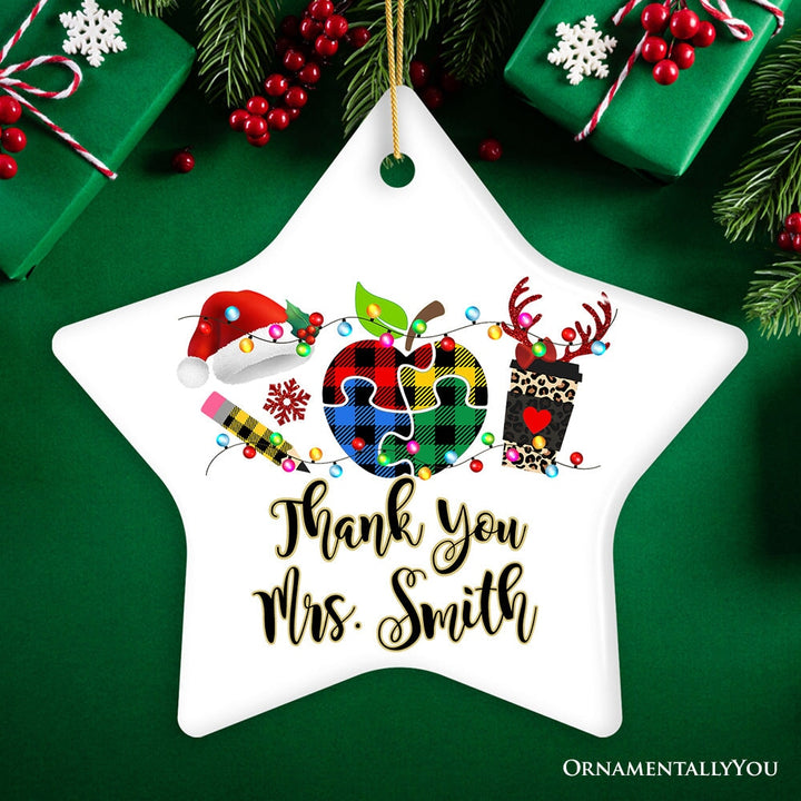 Personalized Autism Teacher Buffalo Plaid Leopard Merry Christmas Ornament, Thank You Gift Ceramic Ornament OrnamentallyYou Star