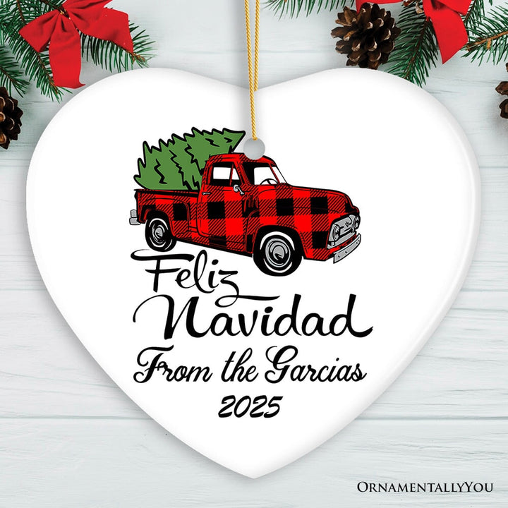 Personalized Feliz Navidad Plaid Red Truck Family Christmas Ornament Ceramic Ornament OrnamentallyYou Heart