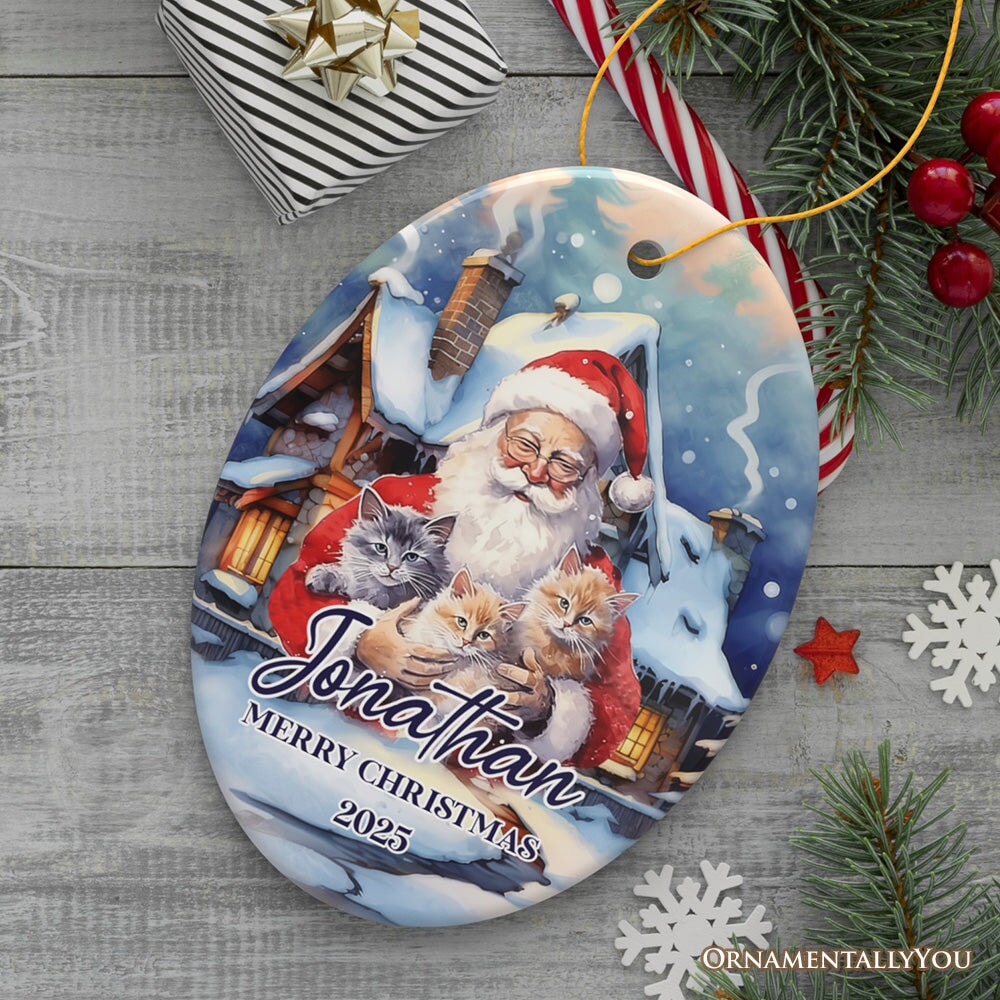 Cute Santa With Cats Personalized Ornament, Festive Christmas Gift With Custom Name and Date Ceramic Ornament OrnamentallyYou Oval