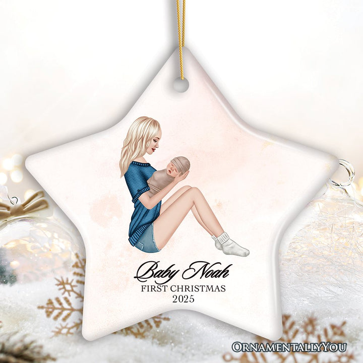 Mother and Newborn Baby Personalized First Christmas Ornament Ceramic Ornament OrnamentallyYou Star