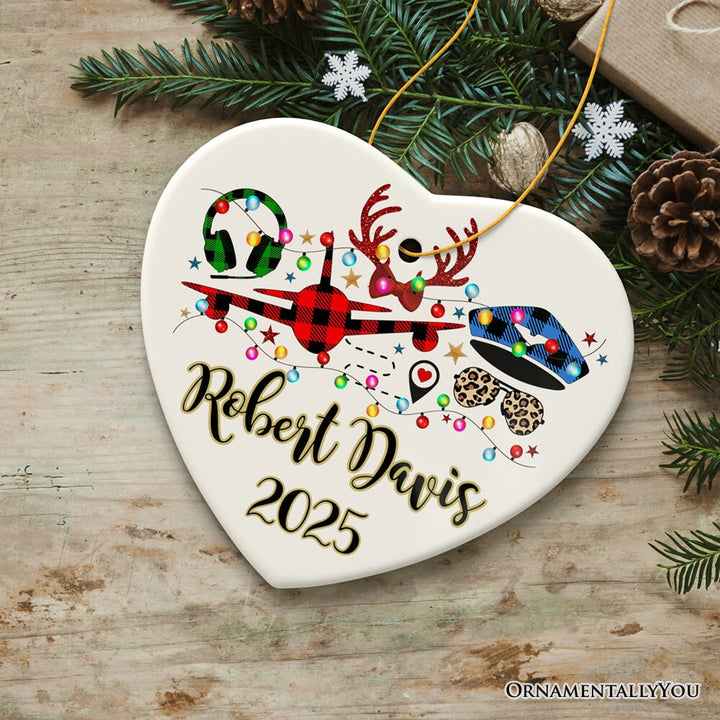 Personalized Airplane Pilot Buffalo Plaid Christmas Ornament, Flight Aircraft Crew Gift Holiday Decoration Ceramic Ornament OrnamentallyYou Heart