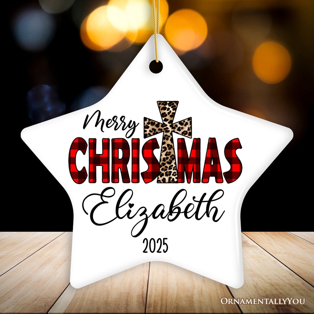 Christian Christmas Buffalo Plaid Personalized Ornament, Holiday Family Gift Ceramic Ornament OrnamentallyYou Star