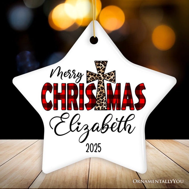 Christian Christmas Buffalo Plaid Personalized Ornament, Holiday Family Gift Ceramic Ornament OrnamentallyYou Star