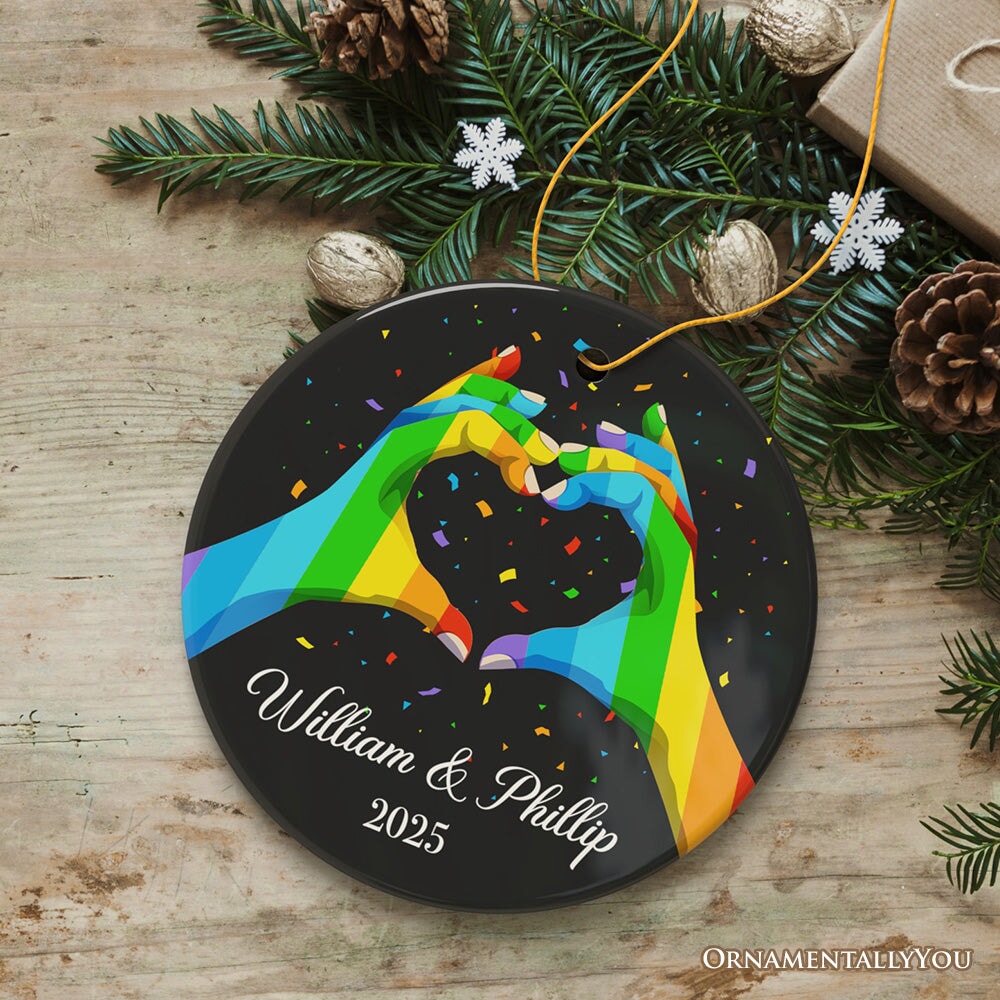 LGBT Personalized Lover’s Heart Hands Ornament, Custom Gay Couples Gift Ceramic Ornament OrnamentallyYou