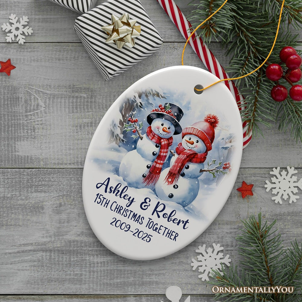 Snowy Married Couple, Watercolor Snowman Anniversary Personalized Ornament Gift Ceramic Ornament OrnamentallyYou Oval