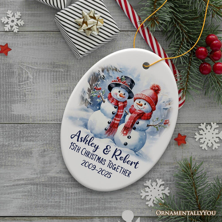 Snowy Married Couple, Watercolor Snowman Anniversary Personalized Ornament Gift Ceramic Ornament OrnamentallyYou Oval