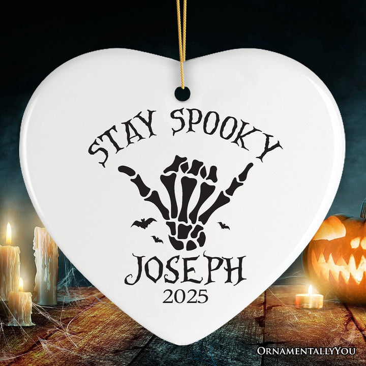Cool Skeleton Stay Spooky Personalized Ornament, Surfer Halloween Themed Custom Gift Ceramic Ornament OrnamentallyYou Heart