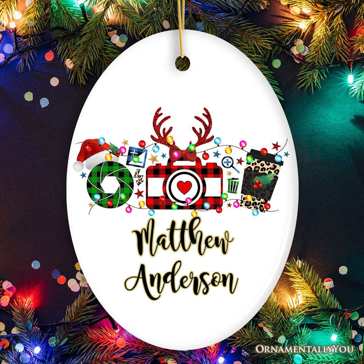 Personalized Photographer Buffalo Plaid Christmas Ornament, Photography Accessories like Camera, Holiday Gift Ceramic Ornament OrnamentallyYou Oval