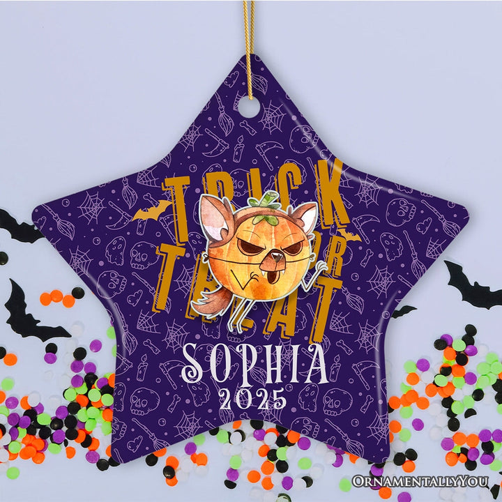 Trick or Treat Spooky Cute Kids Custom Ornament, Halloween Ghost and Pumpkin Children’s Gift Ceramic Ornament OrnamentallyYou Star