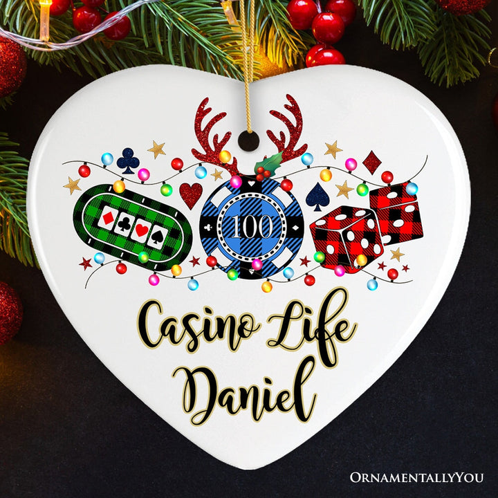 Personalized Casino Buffalo Plaid Christmas Ornament, Poker and Dice, Player and Staff Gift Ceramic Ornament OrnamentallyYou Heart