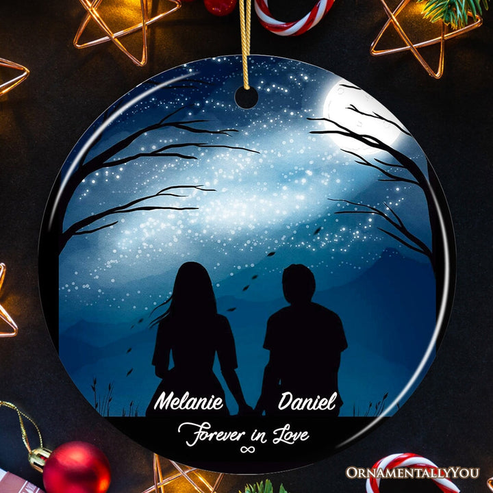 Forever in Love Personalized Silhouette Couple Ornament, Night Sky Stars and Moon Ceramic Ornament OrnamentallyYou Circle