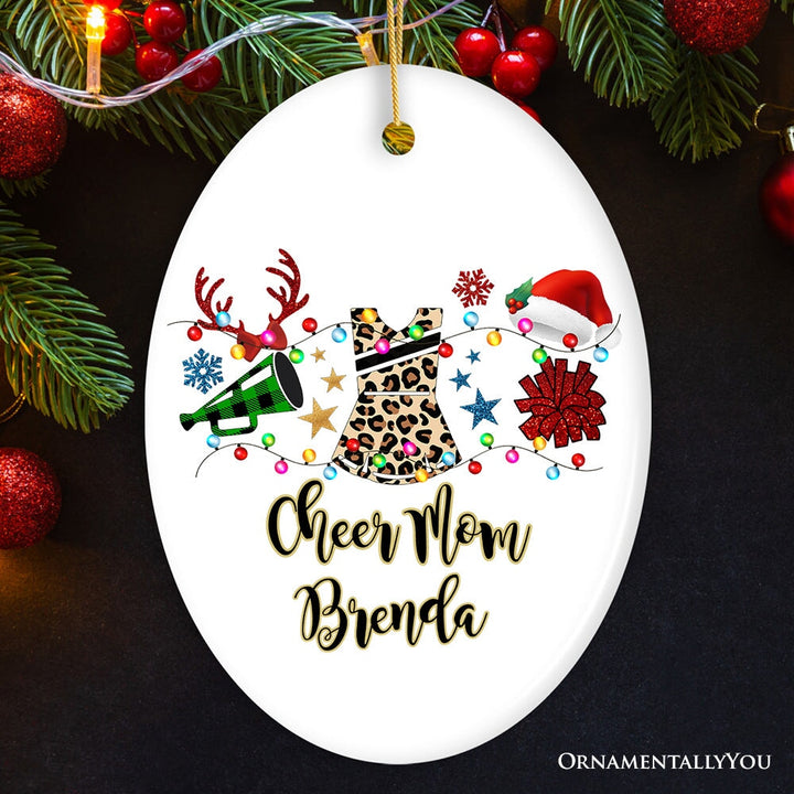 Personalized Cheerleader Buffalo Plaid Leopard Merry Christmas Ornament, Cheer Mom Gift Ceramic Ornament OrnamentallyYou Oval