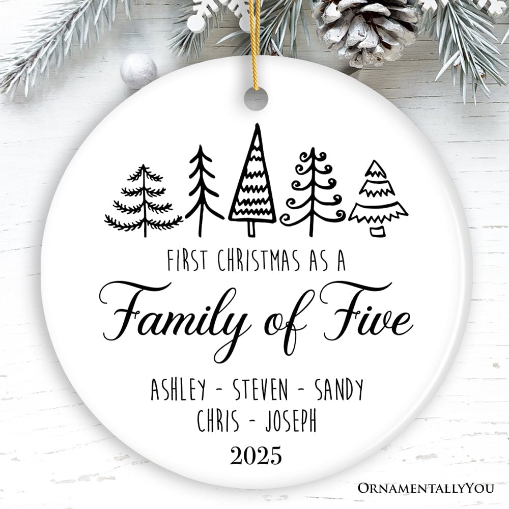 Family of Five Christmas Personalized Ornament, New Baby Custom Gift Ceramic Ornament OrnamentallyYou Circle