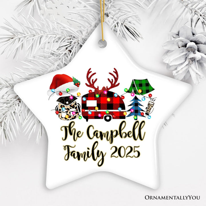 Personalized Camp Buffalo Plaid Leopard Merry Christmas Ornament, Camping Friends Gift Ceramic Ornament OrnamentallyYou Star