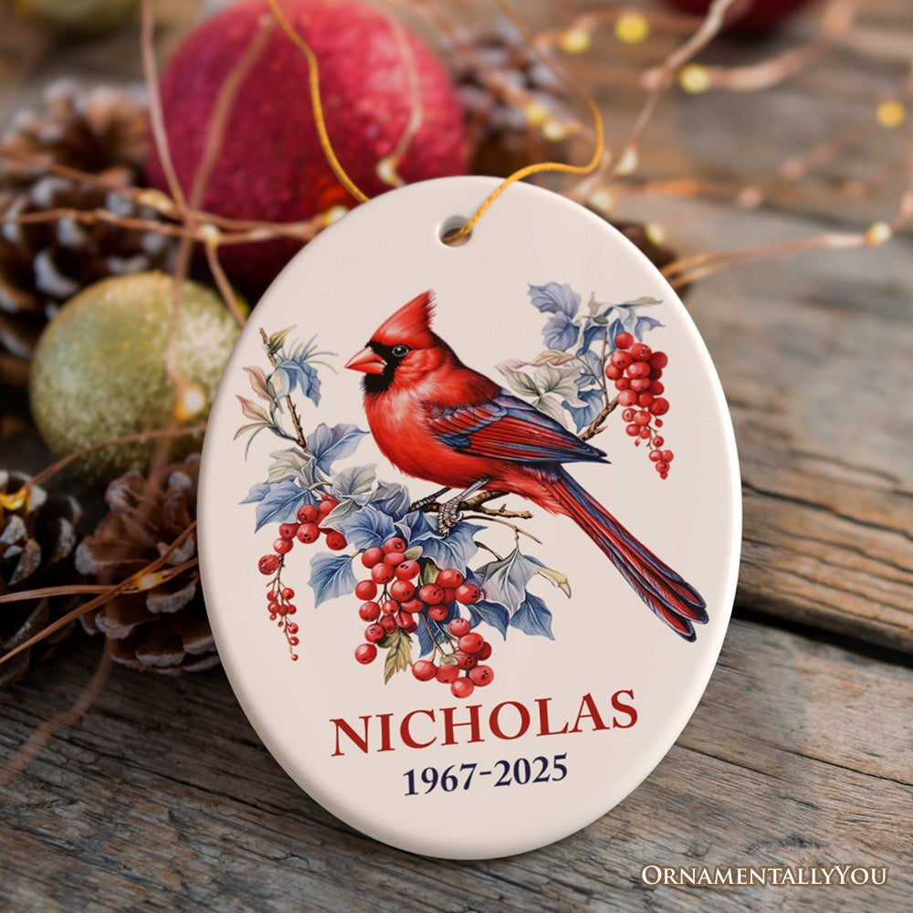 Personalized Cardinal Ornament, Winter Wonderland Christmas Gift With Custom Name and Date Ceramic Ornament OrnamentallyYou Oval