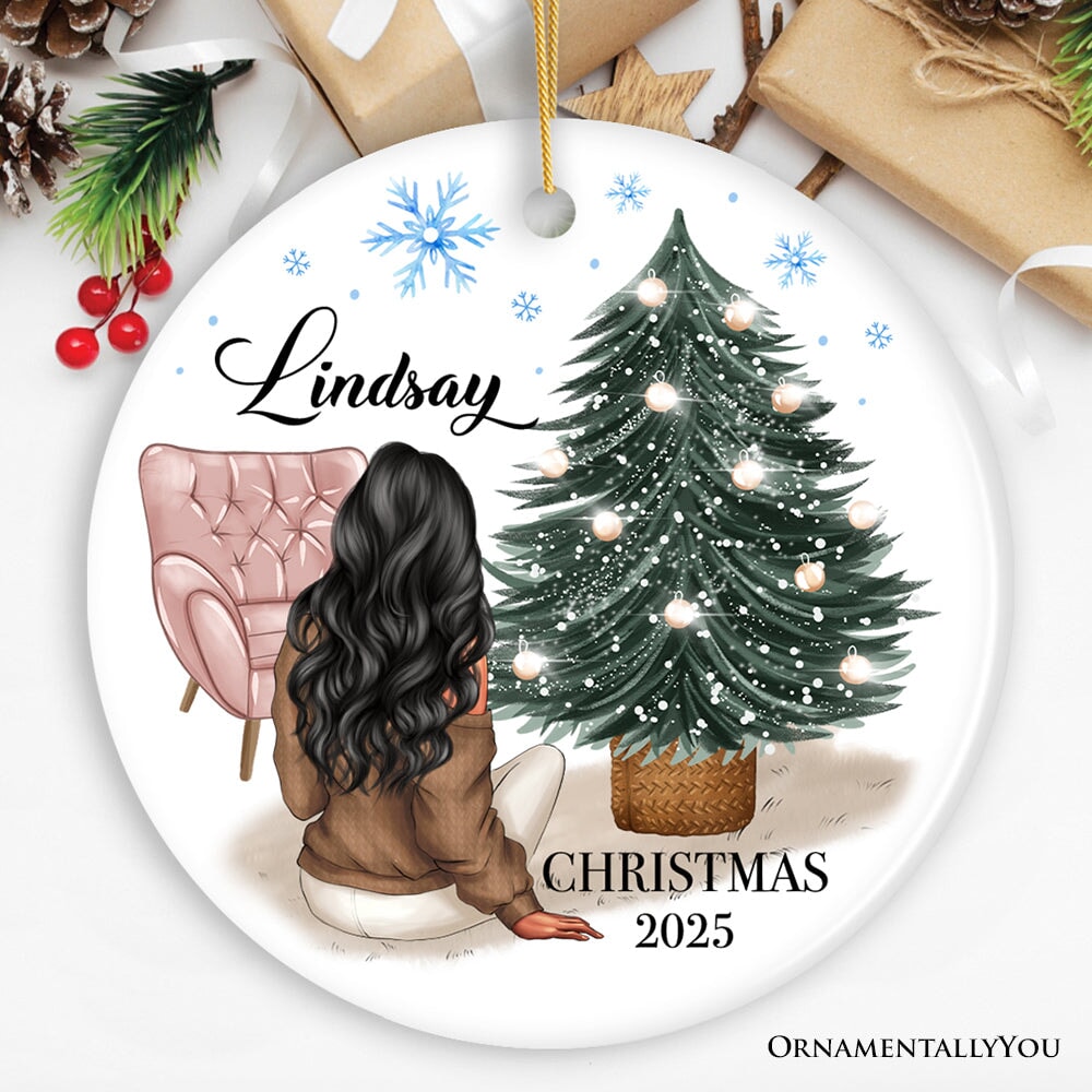 Lovely Women’s Customizable Christmas Ornament Gift, Personalized Hair, Name, and Outfit Ceramic Ornament OrnamentallyYou