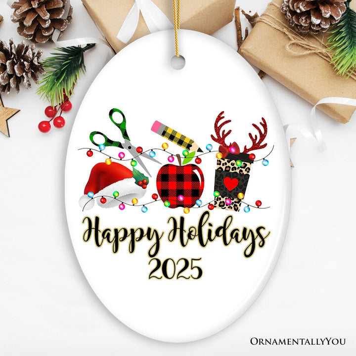 Personalized Plaid Teacher Merry Christmas Ornament, Holiday School Xmas Gift Ceramic Ornament OrnamentallyYou Oval