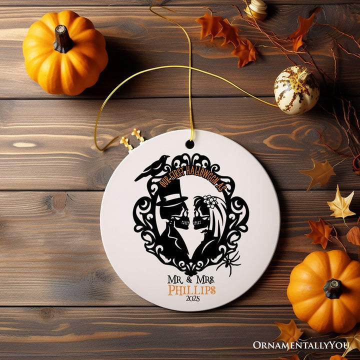 Gothic First Halloween Married Custom Ornament, Skeleton Couple Wedding Personalized Gift Ceramic Ornament OrnamentallyYou Circle