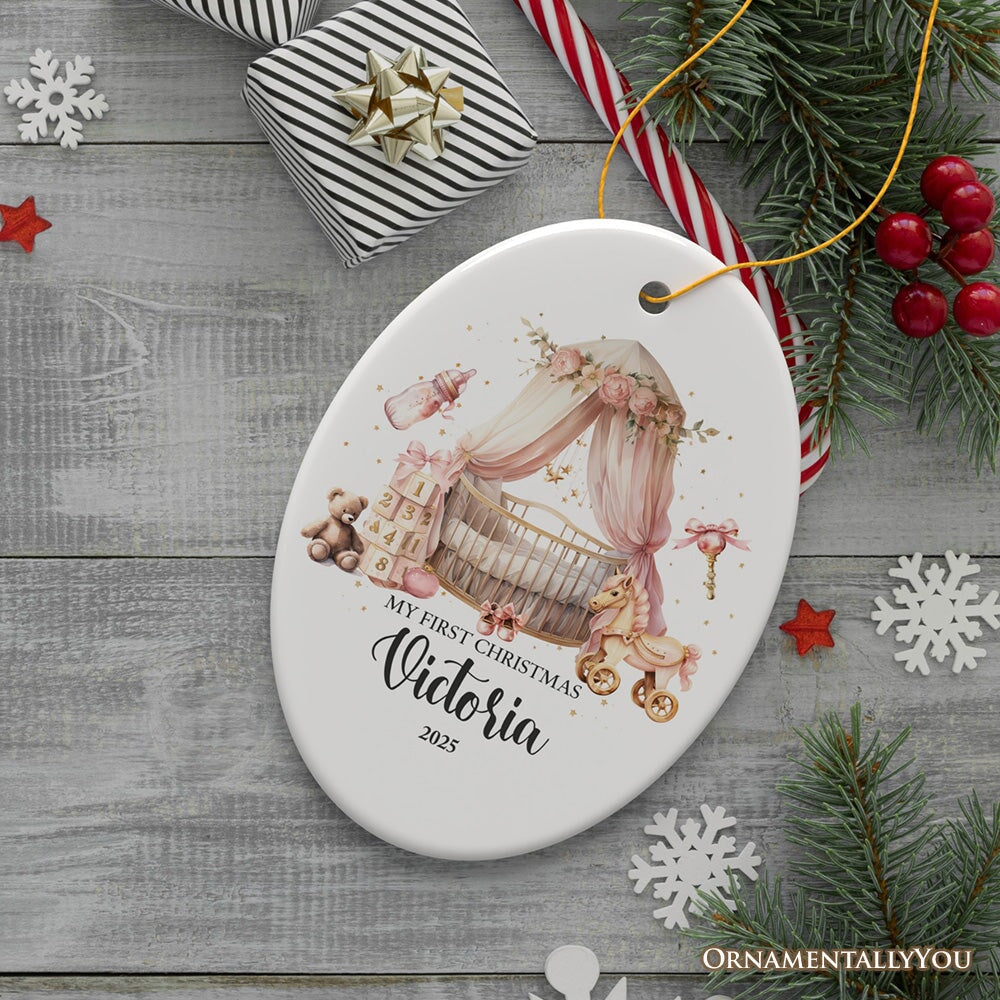 Personalized Baby Girl First Christmas Ornament, Treasured Newborn Holiday Debut Gift Ceramic Ornament OrnamentallyYou Oval