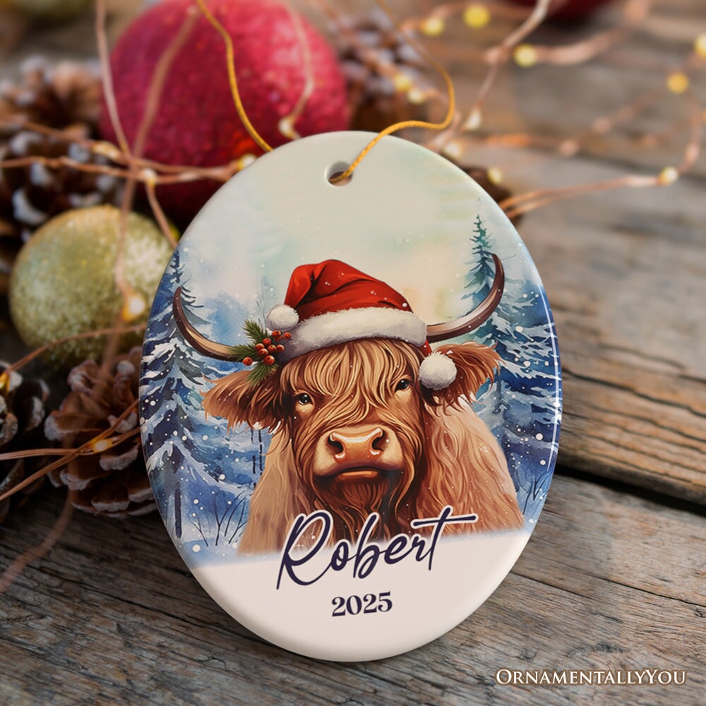 Highland Cow Personalized Ornament, Enchanted Frost Christmas Gift With Custom Name and Date Ceramic Ornament OrnamentallyYou Oval