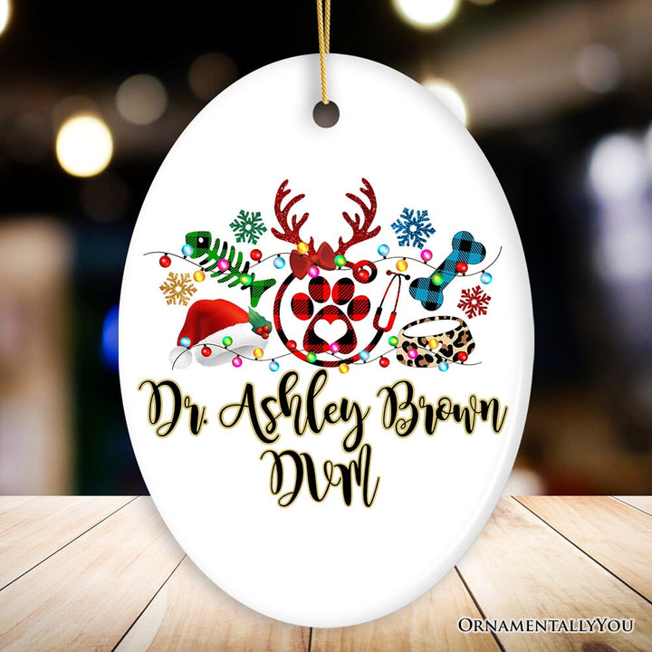 Pet Themed Buffalo Plaid Veterinarian Merry Christmas Ornament, Animal Owner Gift Ceramic Ornament OrnamentallyYou Oval