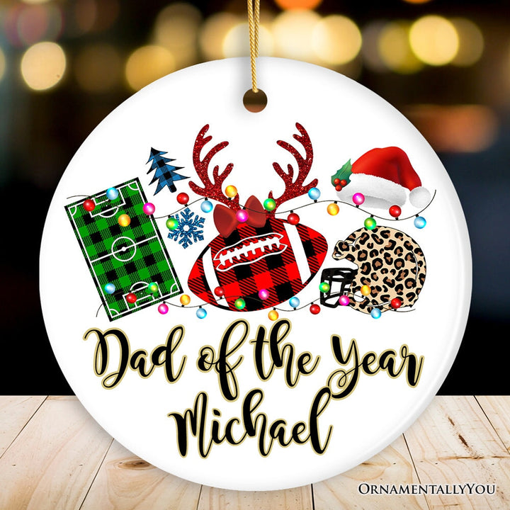Personalized Football Buffalo Plaid Leopard Merry Christmas Ornament, Team and Coaches Gift Ceramic Ornament OrnamentallyYou Circle