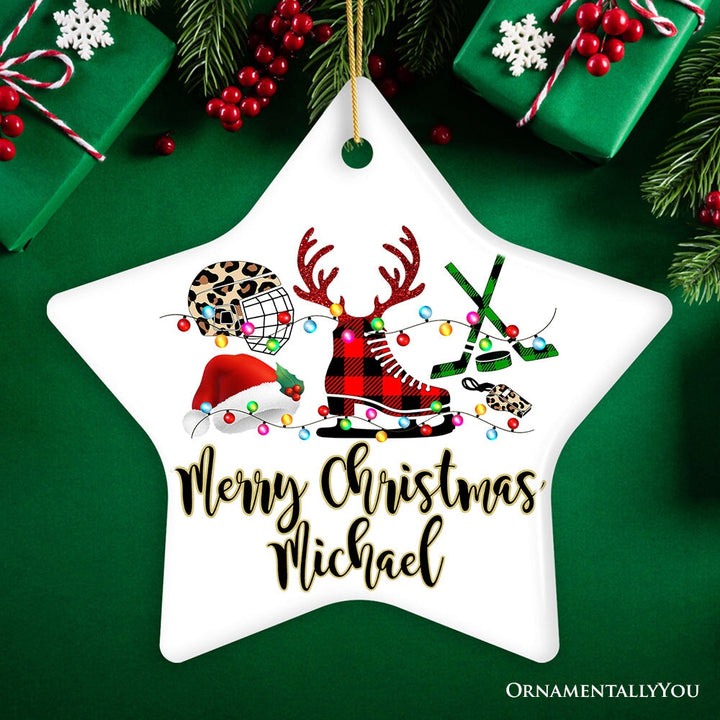 Personalized Hockey Buffalo Plaid Leopard Merry Christmas Ornament, Team and Coaches Gift Ceramic Ornament OrnamentallyYou Star
