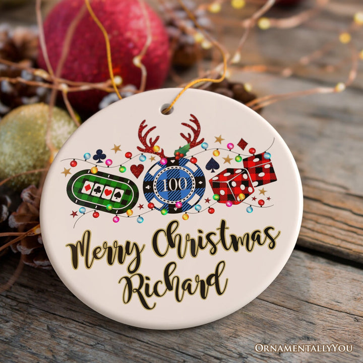 Personalized Casino Buffalo Plaid Christmas Ornament, Poker and Dice, Player and Staff Gift Ceramic Ornament OrnamentallyYou Circle