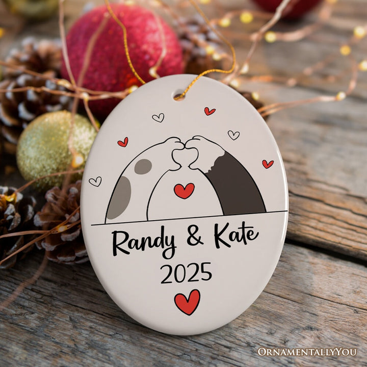 Valentine Cat Paw Heart Personalized Ornament, Cat Lover Custom Name Gift Ceramic Ornament OrnamentallyYou Oval