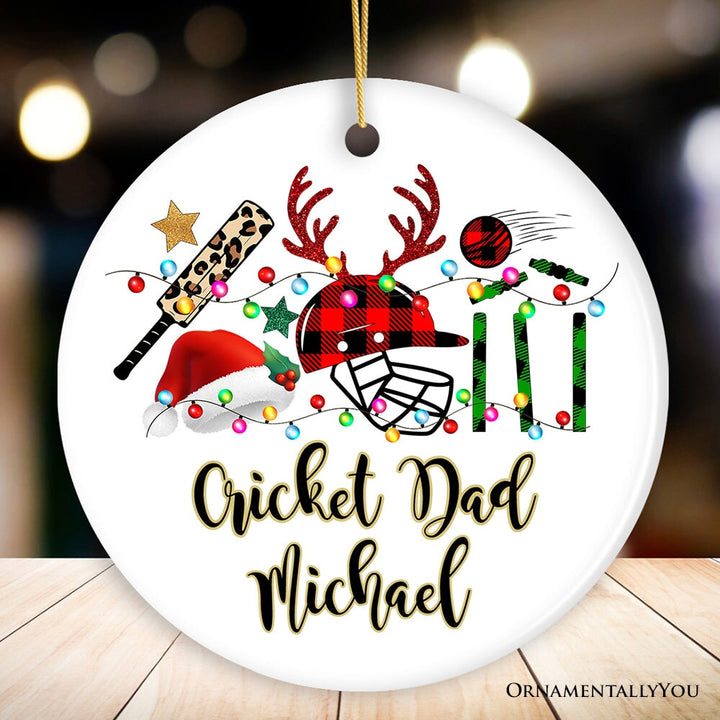 Personalized Cricket Buffalo Plaid Leopard Merry Christmas Ornament, Team and Coaches Gift Ceramic Ornament OrnamentallyYou Circle