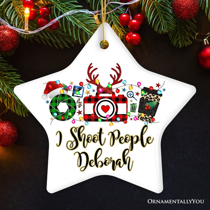 Personalized Photographer Buffalo Plaid Christmas Ornament, Photography Accessories like Camera, Holiday Gift Ceramic Ornament OrnamentallyYou Star